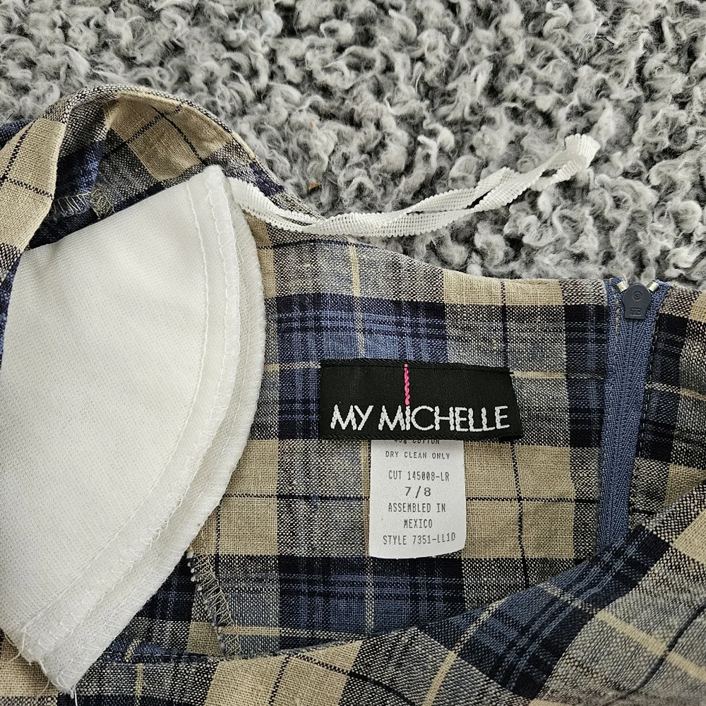 Vintage 90s My Michelle Blue Plaid Mini Dress 7/8 XS Short Sleeve Linen Grunge - Picture 3 of 14